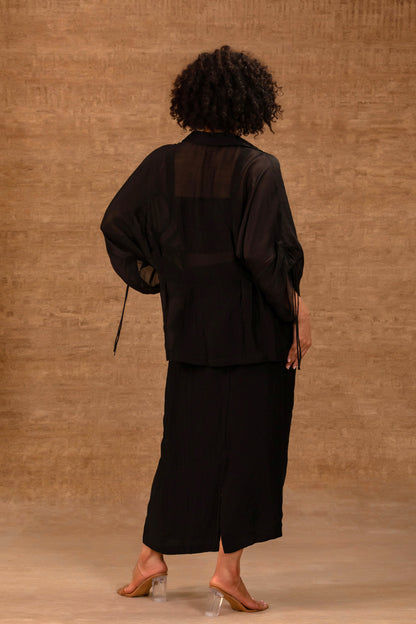 Silk Chanderi Pleated Shirt with Tissue Applique Skirt - Black