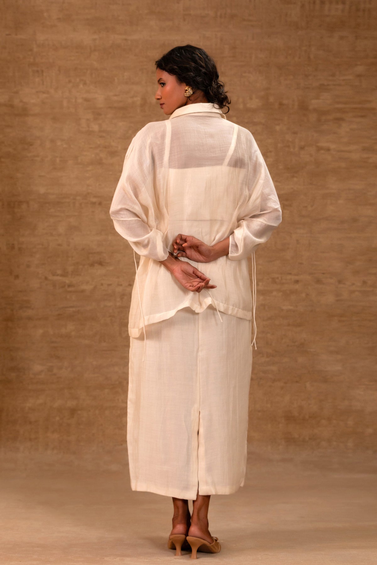Silk Chanderi Pleated Shirt with Tissue Applique Skirt - Ivory