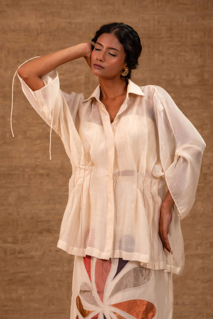 Silk Chanderi Pleated Shirt with Tissue Applique Skirt - Ivory