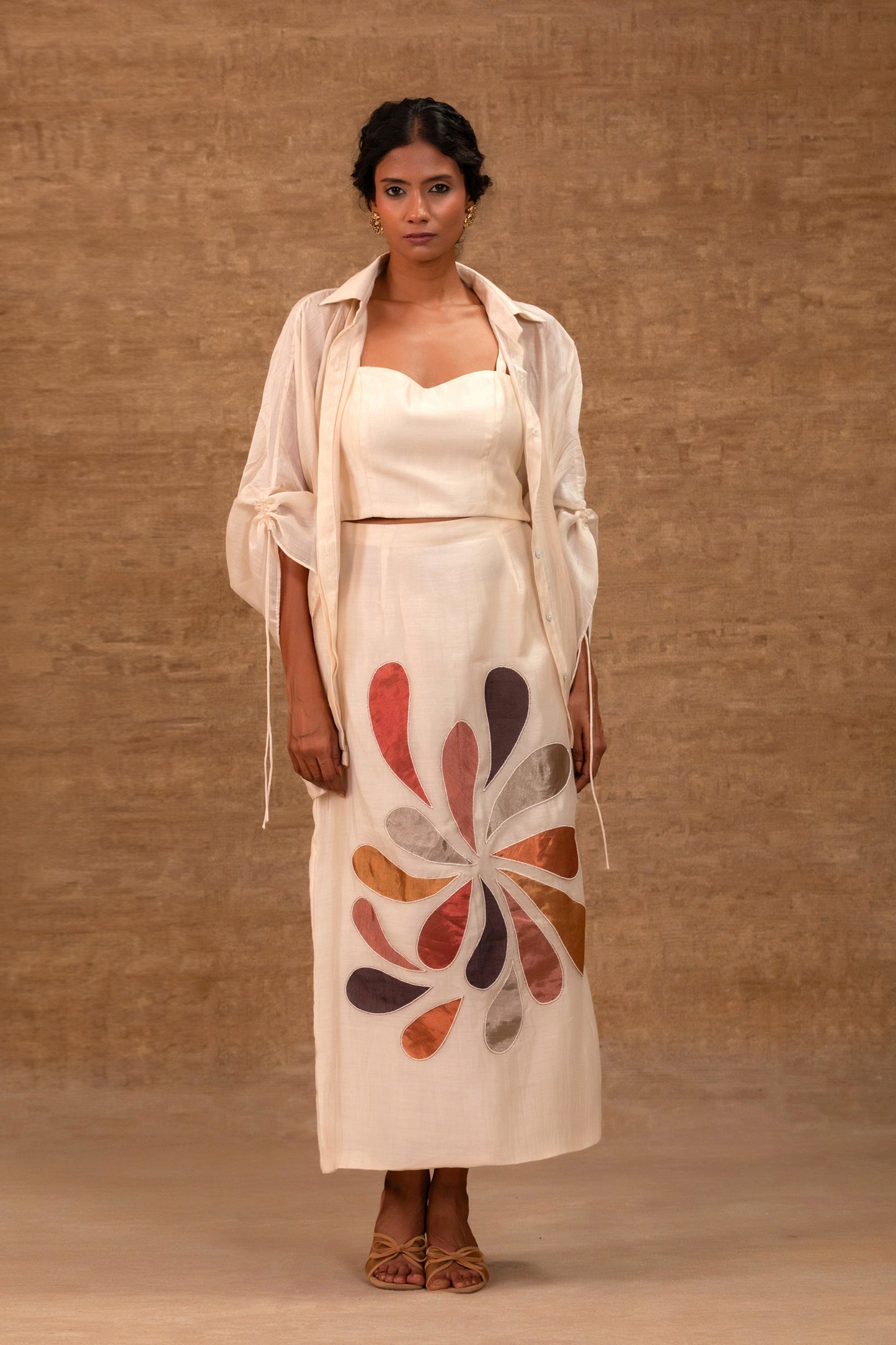 Ivory pleated silk chanderi shirt with bustier and patchwork skirt — Eeda