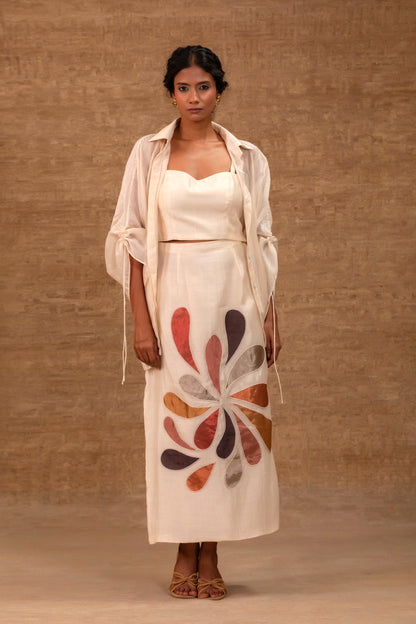 Ivory pleated silk chanderi shirt with bustier and patchwork skirt — Eeda
