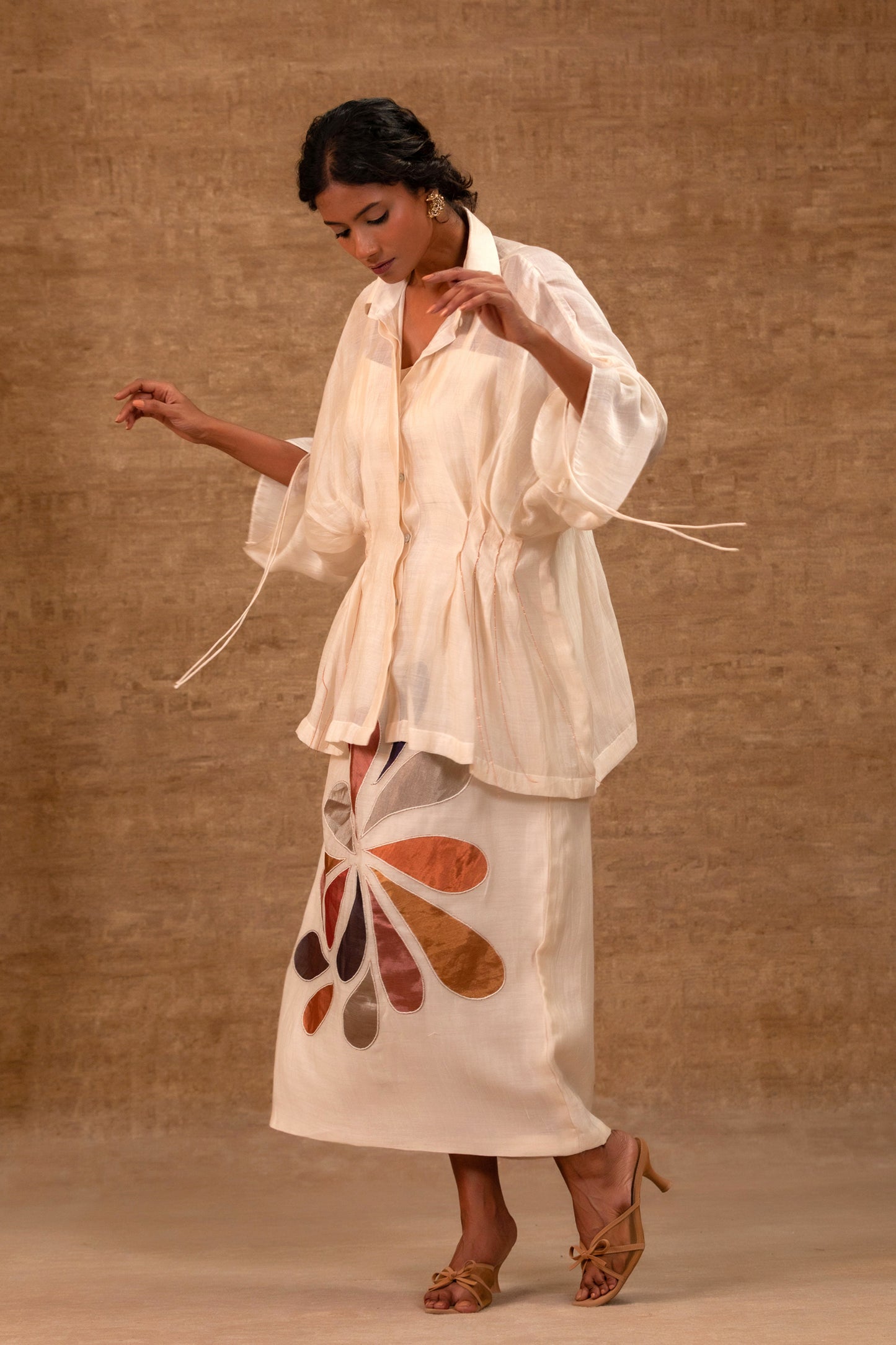 Silk Chanderi Pleated Shirt with Tissue Applique Skirt - Ivory