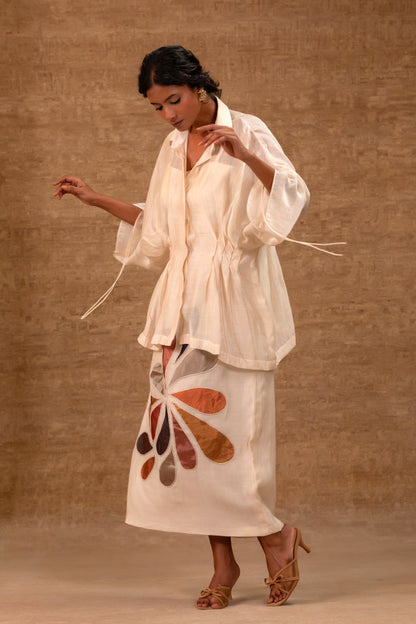 Silk Chanderi Pleated Shirt with Tissue Applique Skirt - Ivory