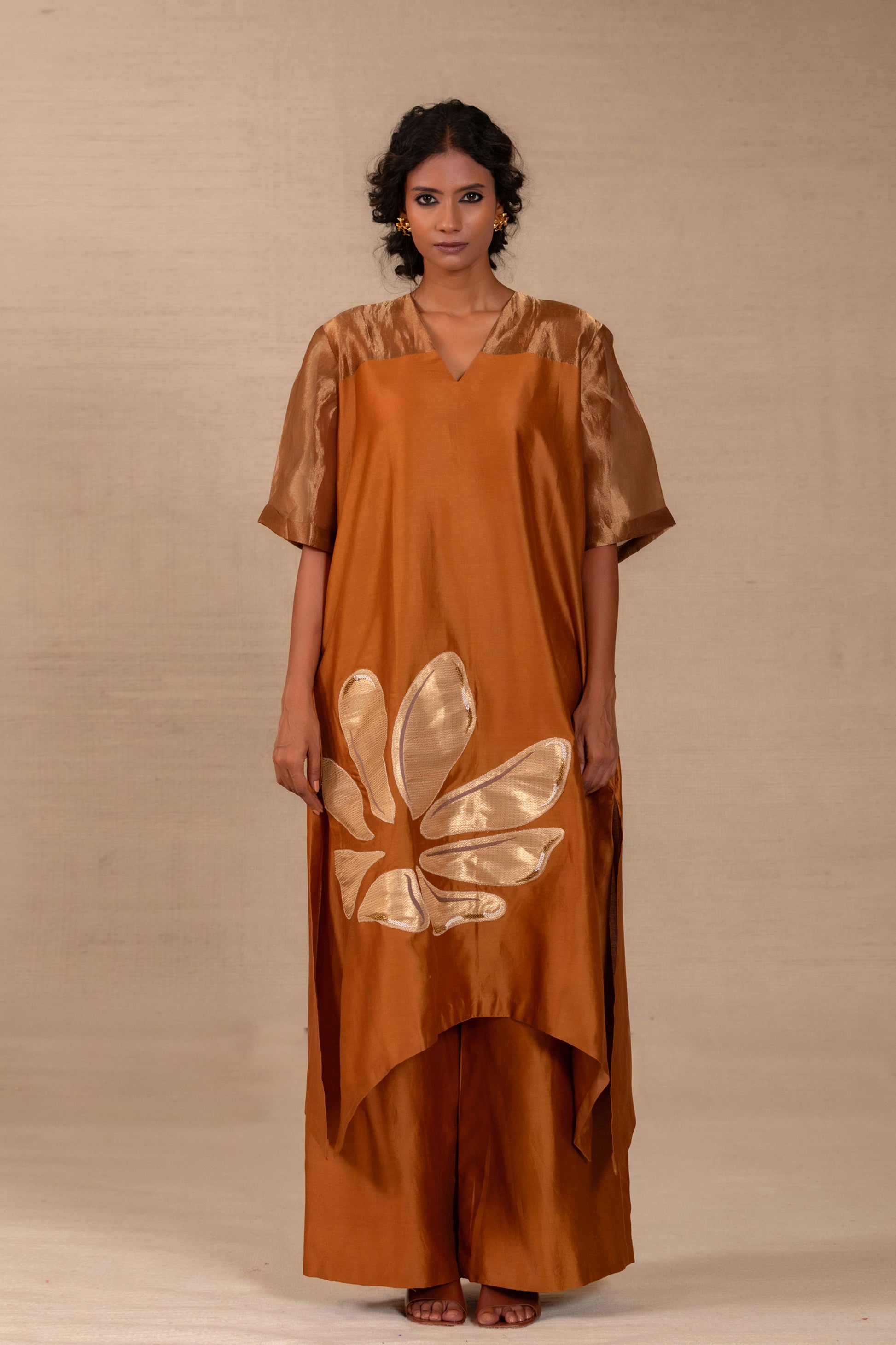 Dark amber long kurta set with a tissue yoke and brocade tissue appliqué — Eeda Gulnaar