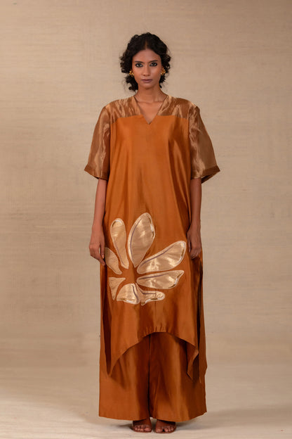 Dark amber long kurta set with a tissue yoke and brocade tissue appliqué — Eeda Gulnaar