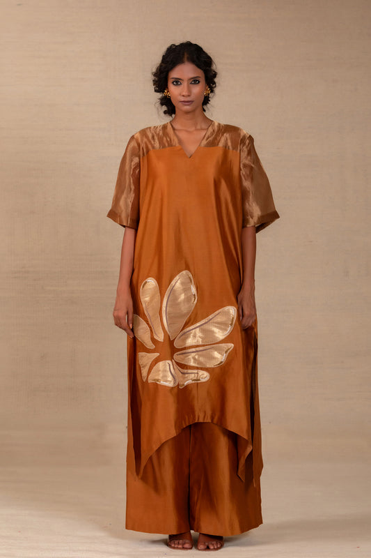 Dark amber long kurta set with a tissue yoke and brocade tissue appliqué — Eeda Gulnaar