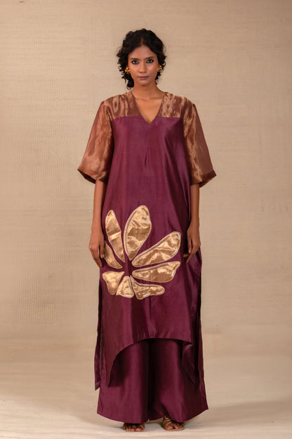 Wine long kurta set with a tissue yoke and brocade tissue appliqué — Eeda Gulnaar