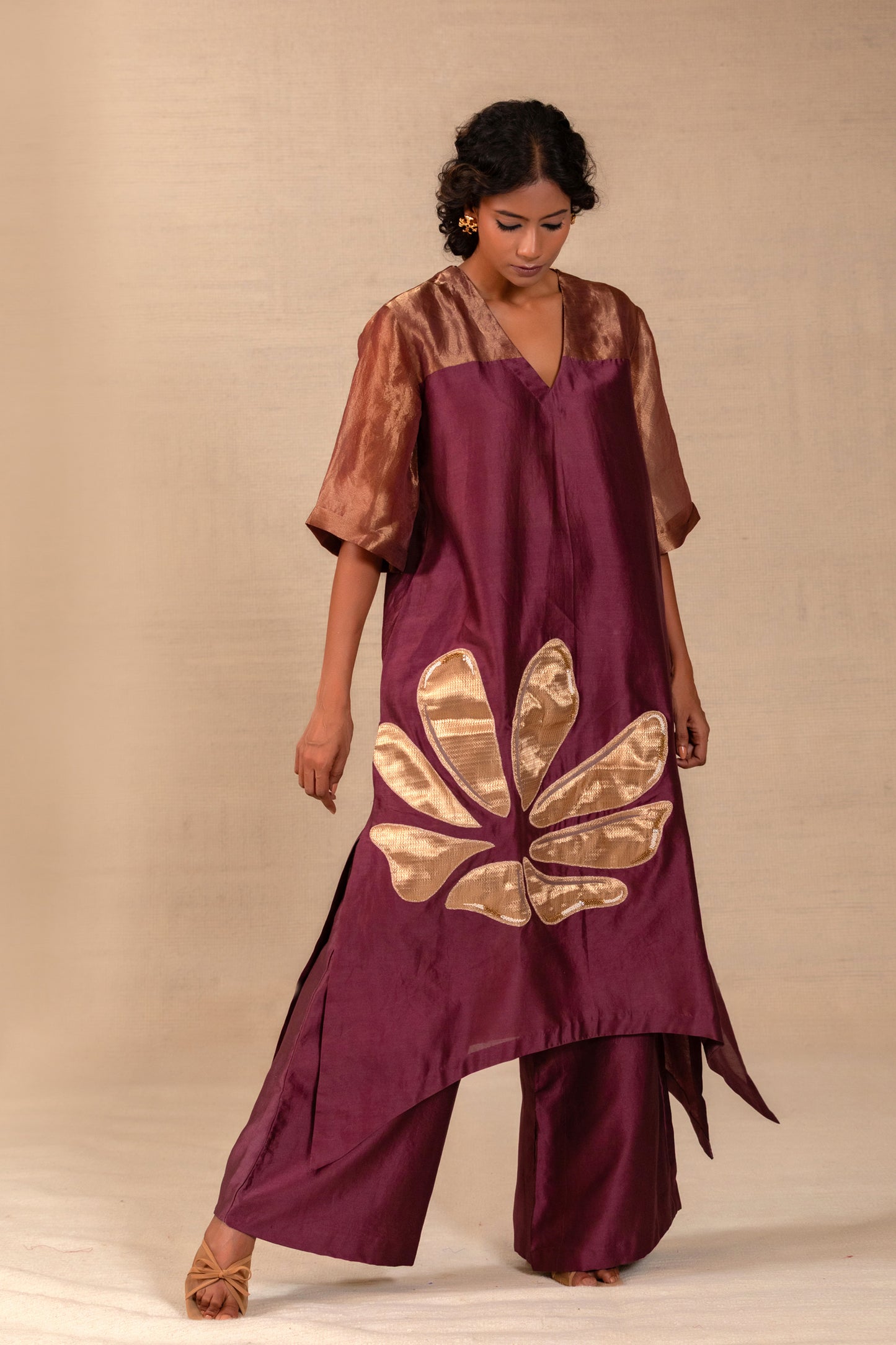 Wine suit set with gold tissue yoke and appliqué handwork — Eeda Gulnaar