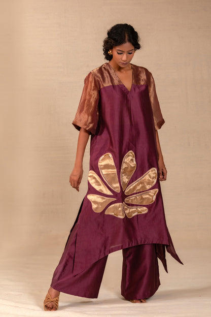 Wine suit set with gold tissue yoke and appliqué handwork — Eeda Gulnaar