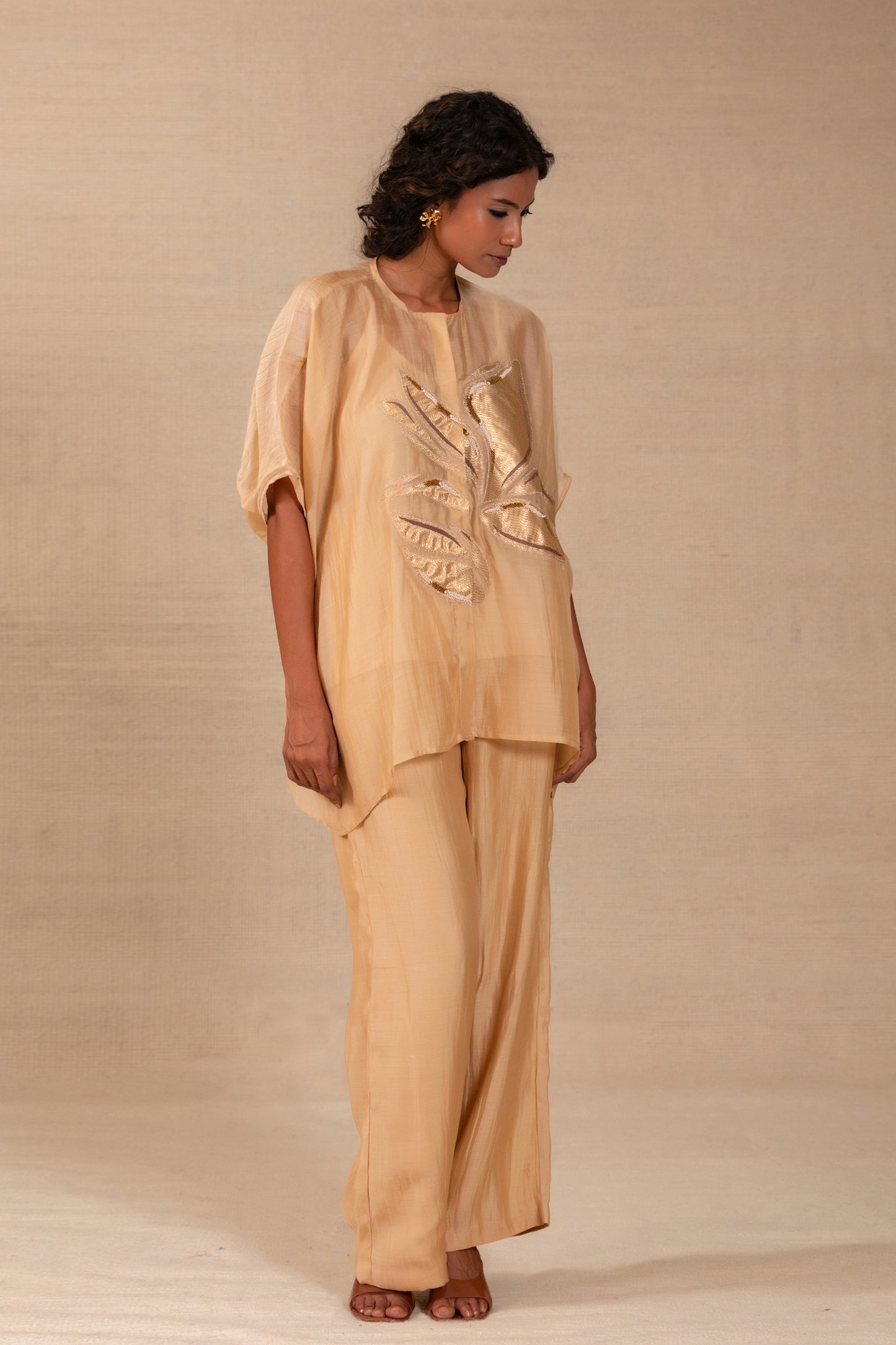 Cream Indo-western co-ord set in light Chanderi with gold appliqué handwork — Eeda Gulnaar