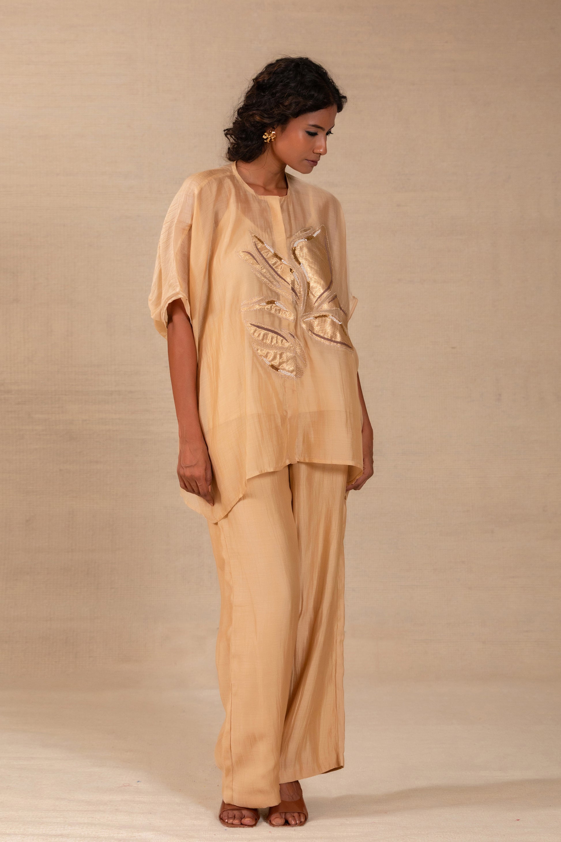 Cream Indo-western co-ord set in light Chanderi with gold appliqué handwork — Eeda Gulnaar