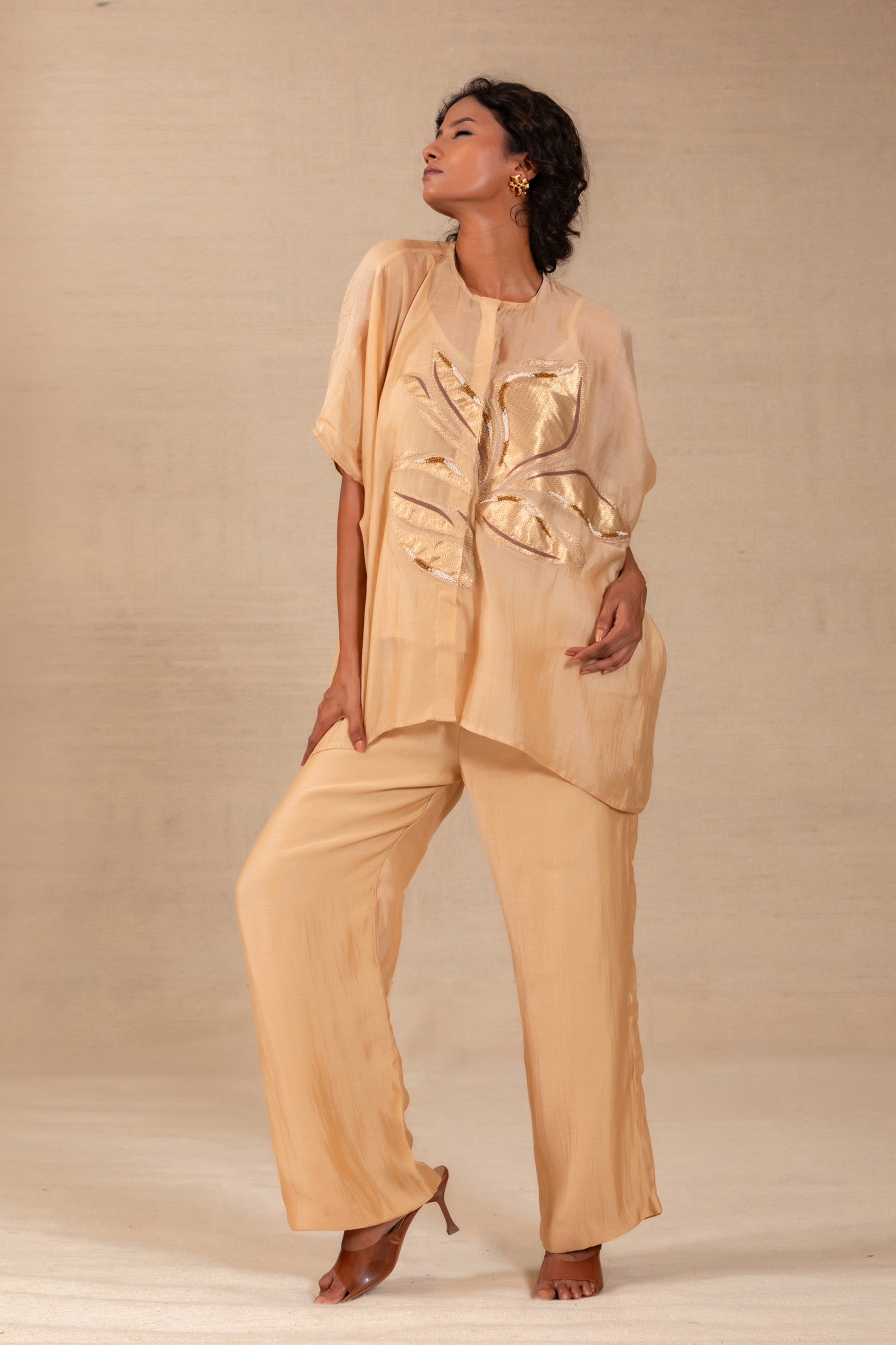 Beige silk-Chanderi co-ord set with gold tissue leaf appliqué and drop shoulders — Eeda Gulnaar