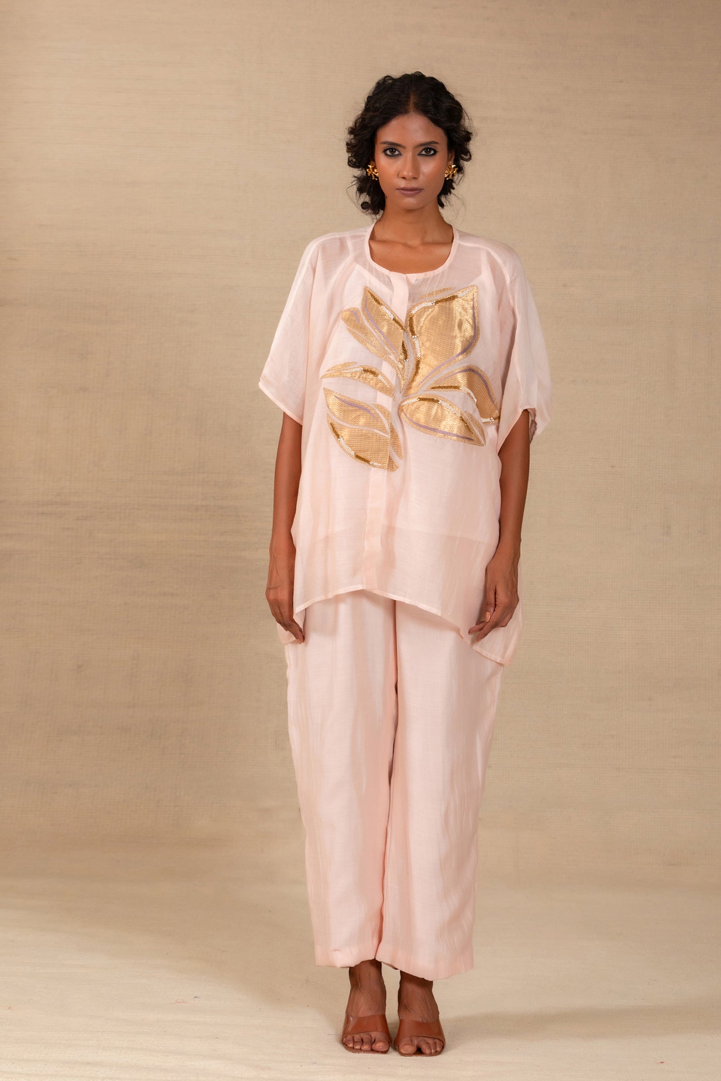 Pink silk-Chanderi co-ord set with gold tissue leaf appliqué and drop shoulders — Eeda Gulnaar