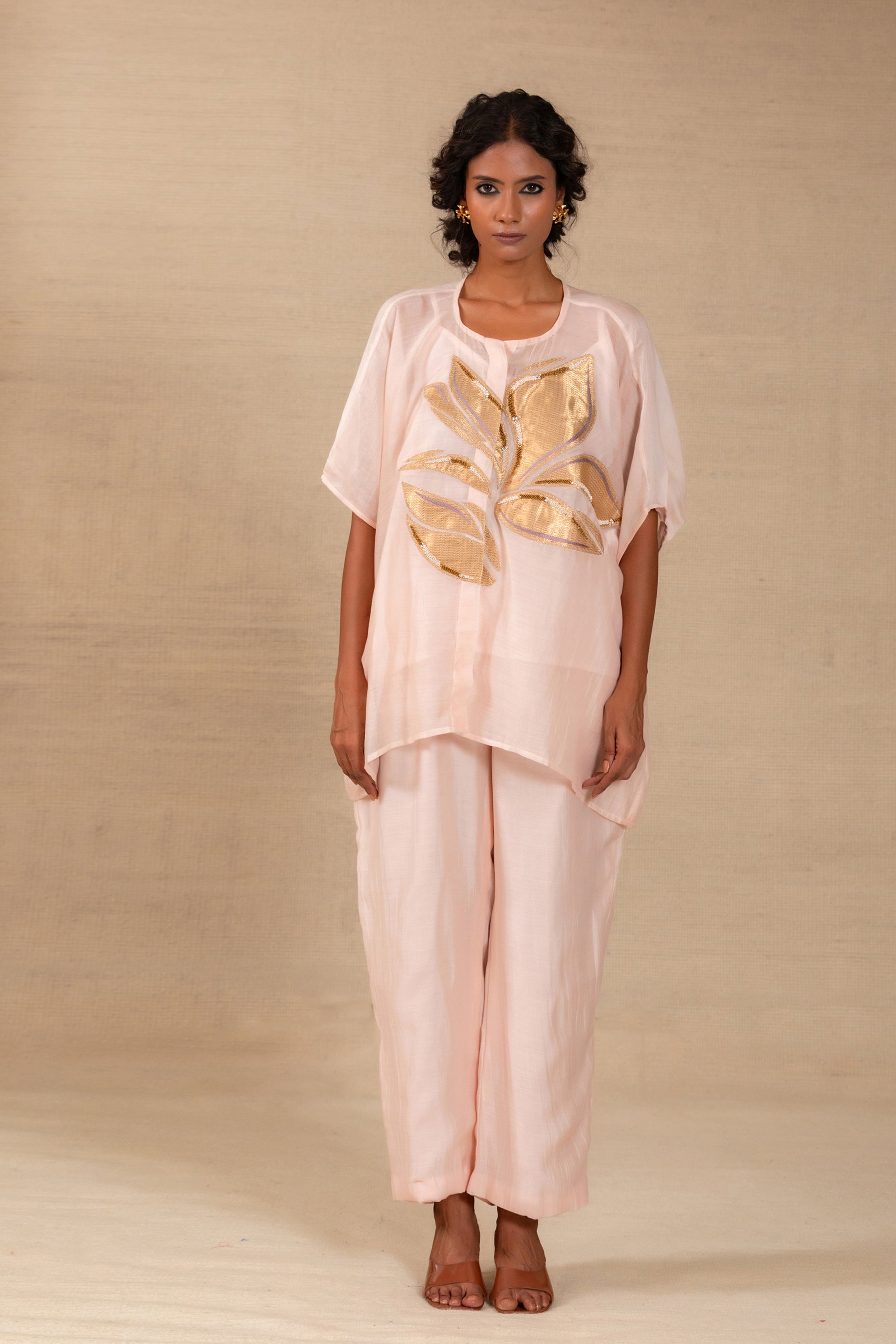 Pink silk-Chanderi co-ord set with gold tissue leaf appliqué and drop shoulders — Eeda Gulnaar