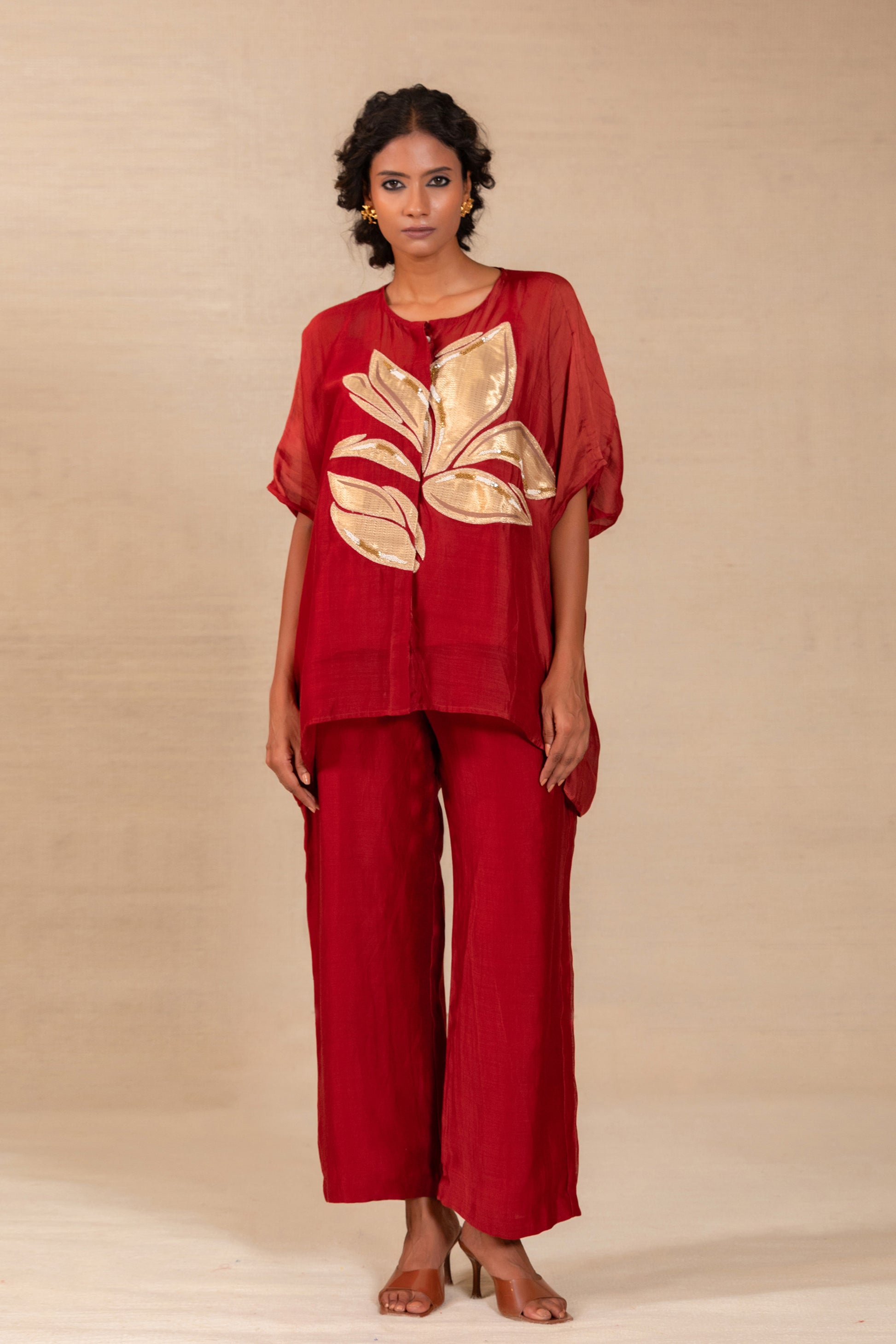 Red silk-Chanderi co-ord set with gold tissue leaf appliqué and drop shoulders — Eeda Gulnaar