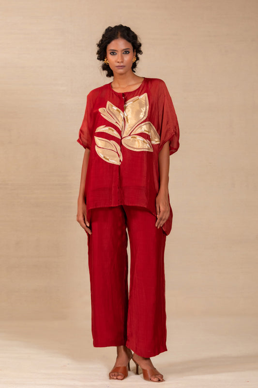 Red silk-Chanderi co-ord set with gold tissue leaf appliqué and drop shoulders — Eeda Gulnaar