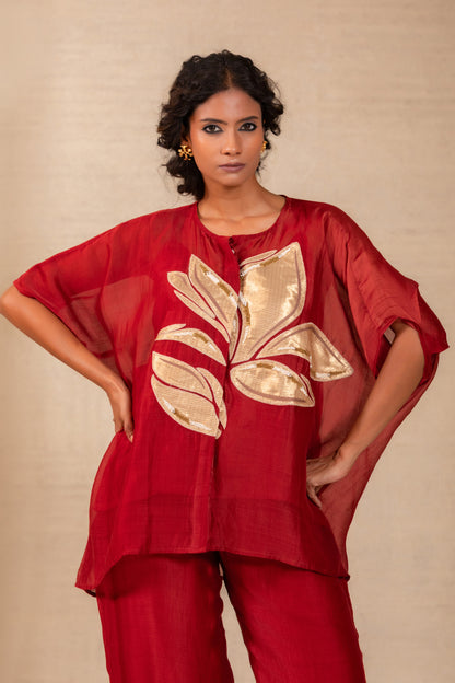 Gulnaar Leaf Applique Co-ord Set - Red