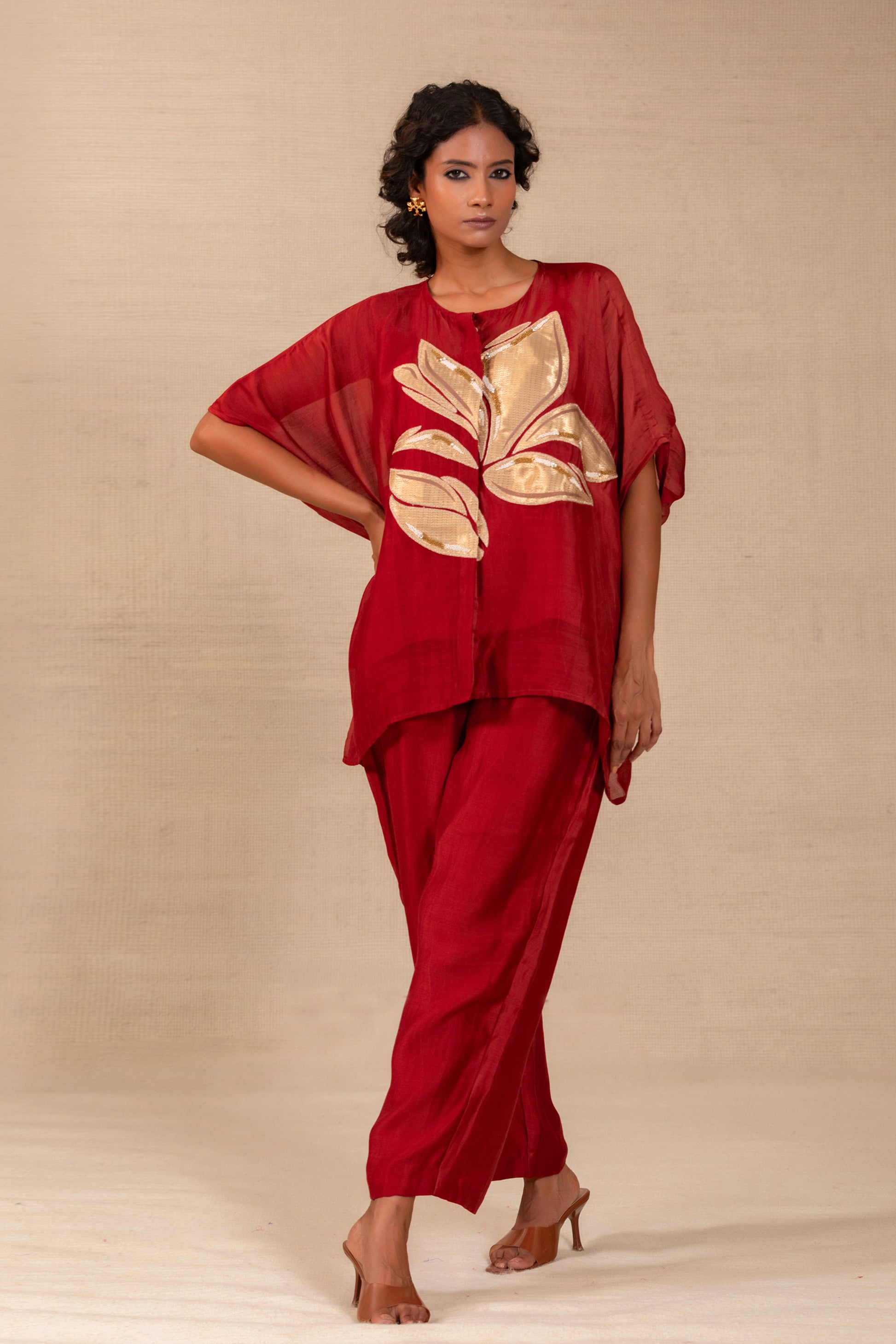 bright Indo-western co-ord set in light Chanderi with gold appliqué handwork — Eeda Gulnaar