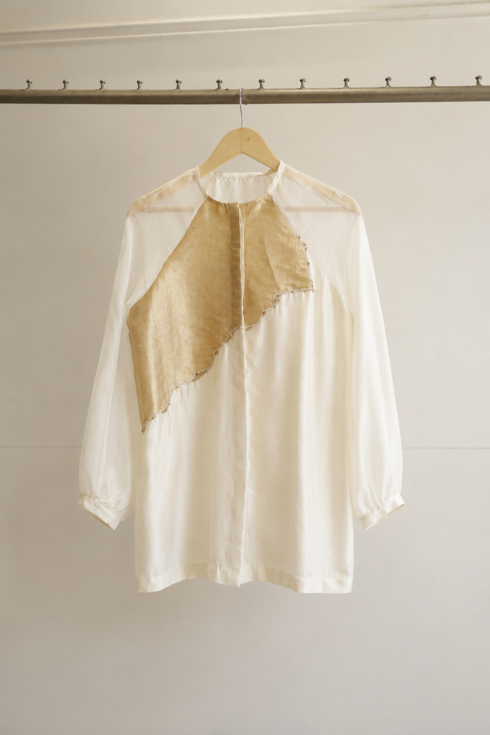 eeda ivory chiniya silk shirt with asymmetrical gold tissue patchwork, front view, handcrafted in Varanasi