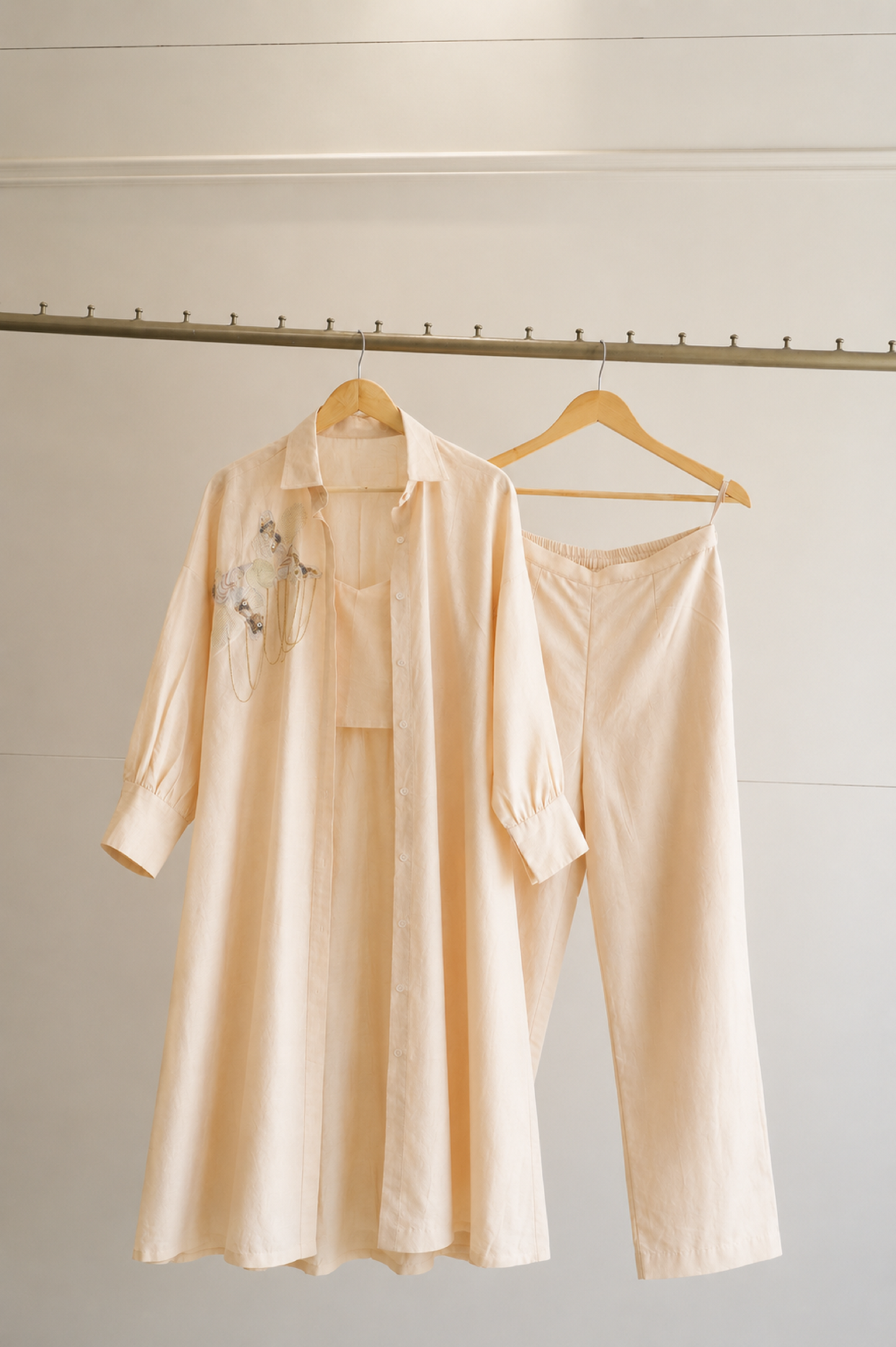 eeda Tinka collection — ivory chanderi 3-piece shirt set handcrafted in Varanasi