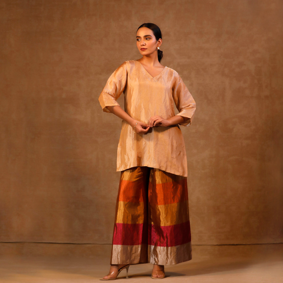 Dhun Short Kurta Stripe Pant Set-Brown