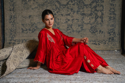 Noor Red Gather Kurta Set