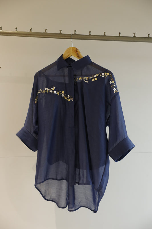 Chanderi Silk Sequins Shirt - Blue