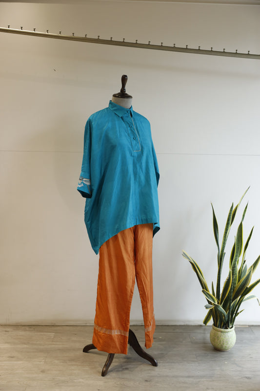 Aara Silk Top with Pant - Blue