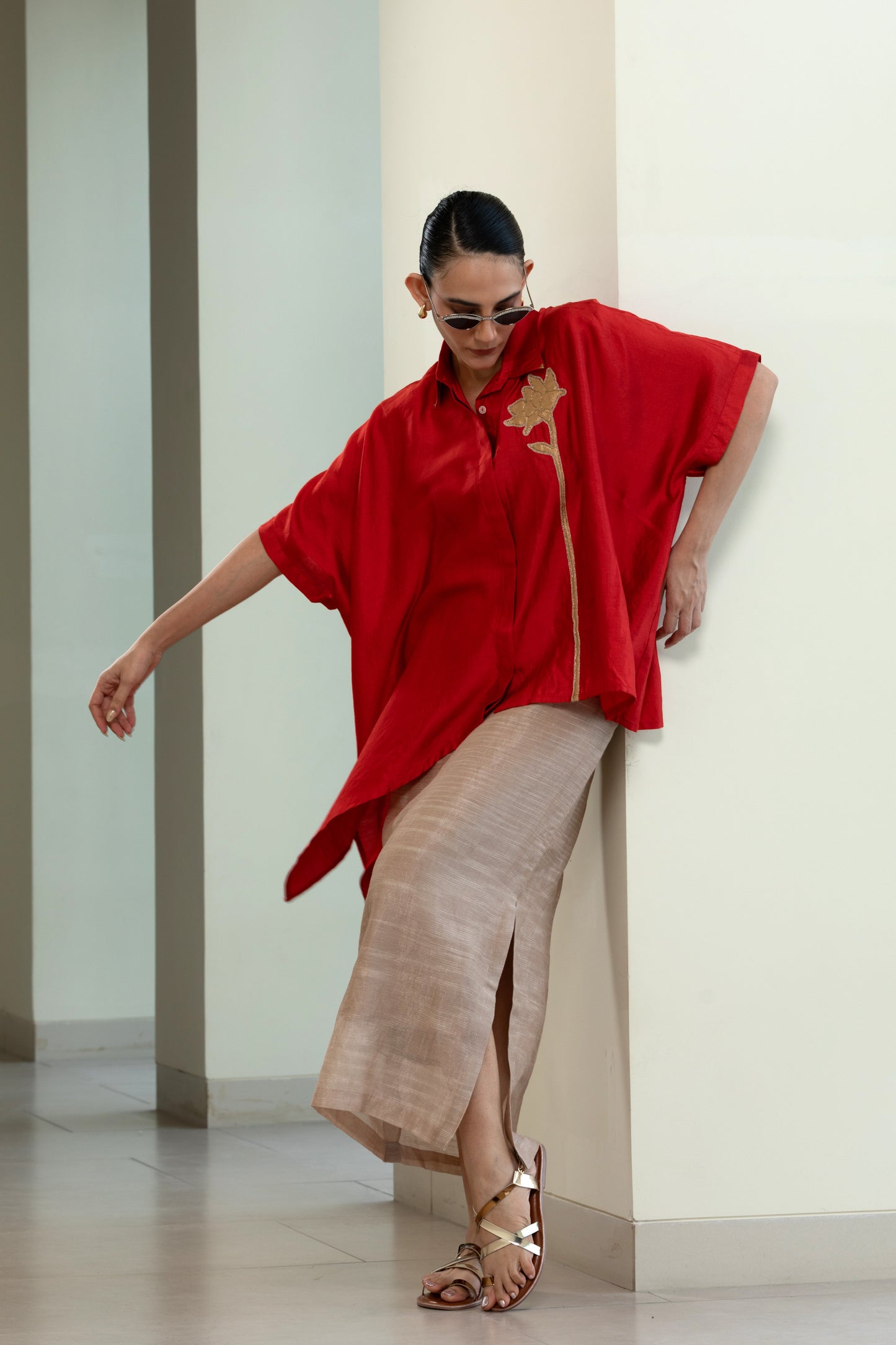 Asymmetrical Rose  Shirt -Red