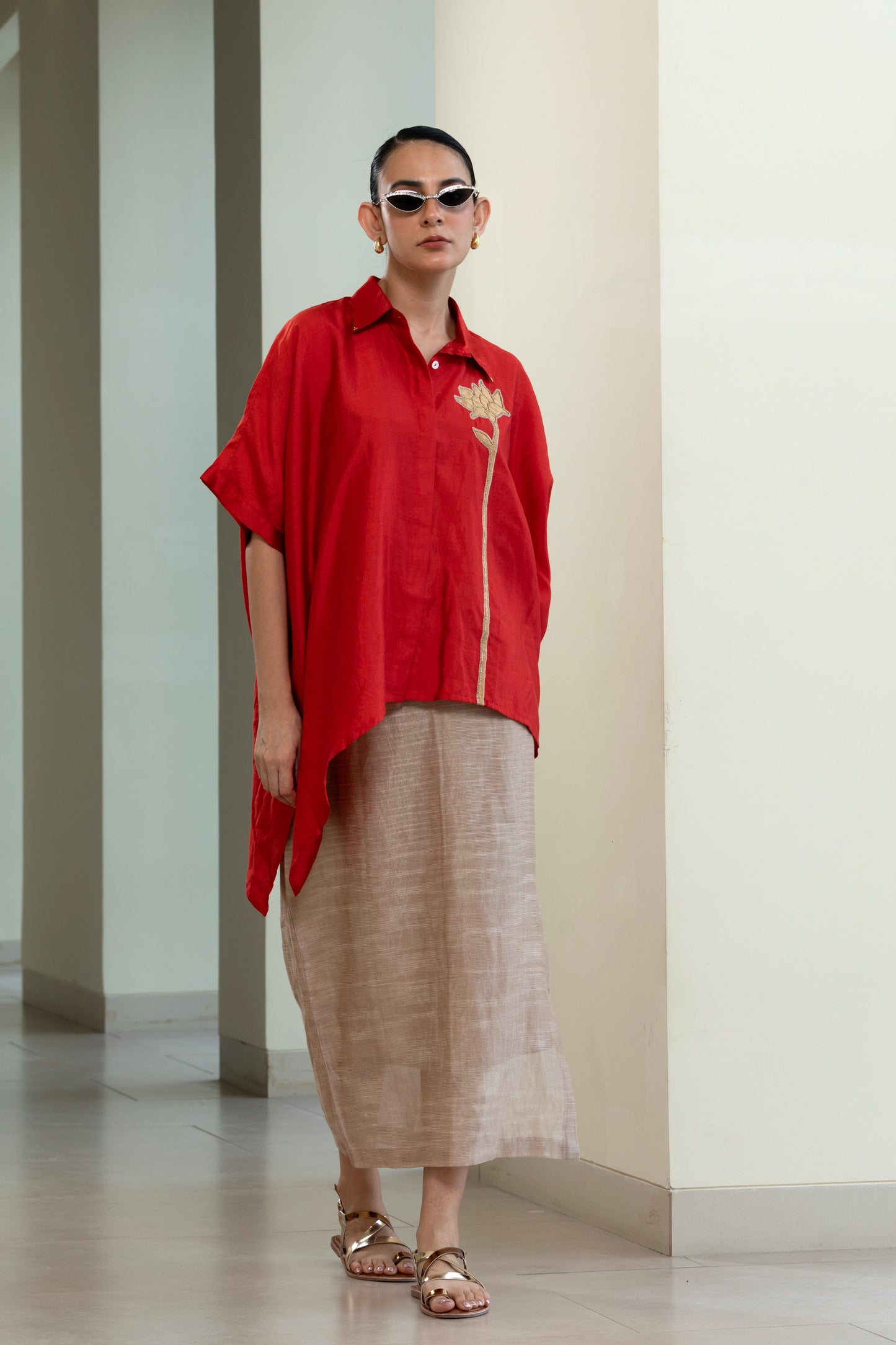 Asymmetrical Rose  Shirt -Red