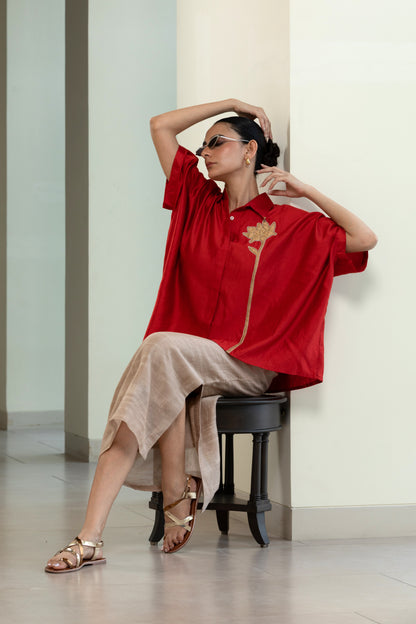 Asymmetrical Rose  Shirt -Red