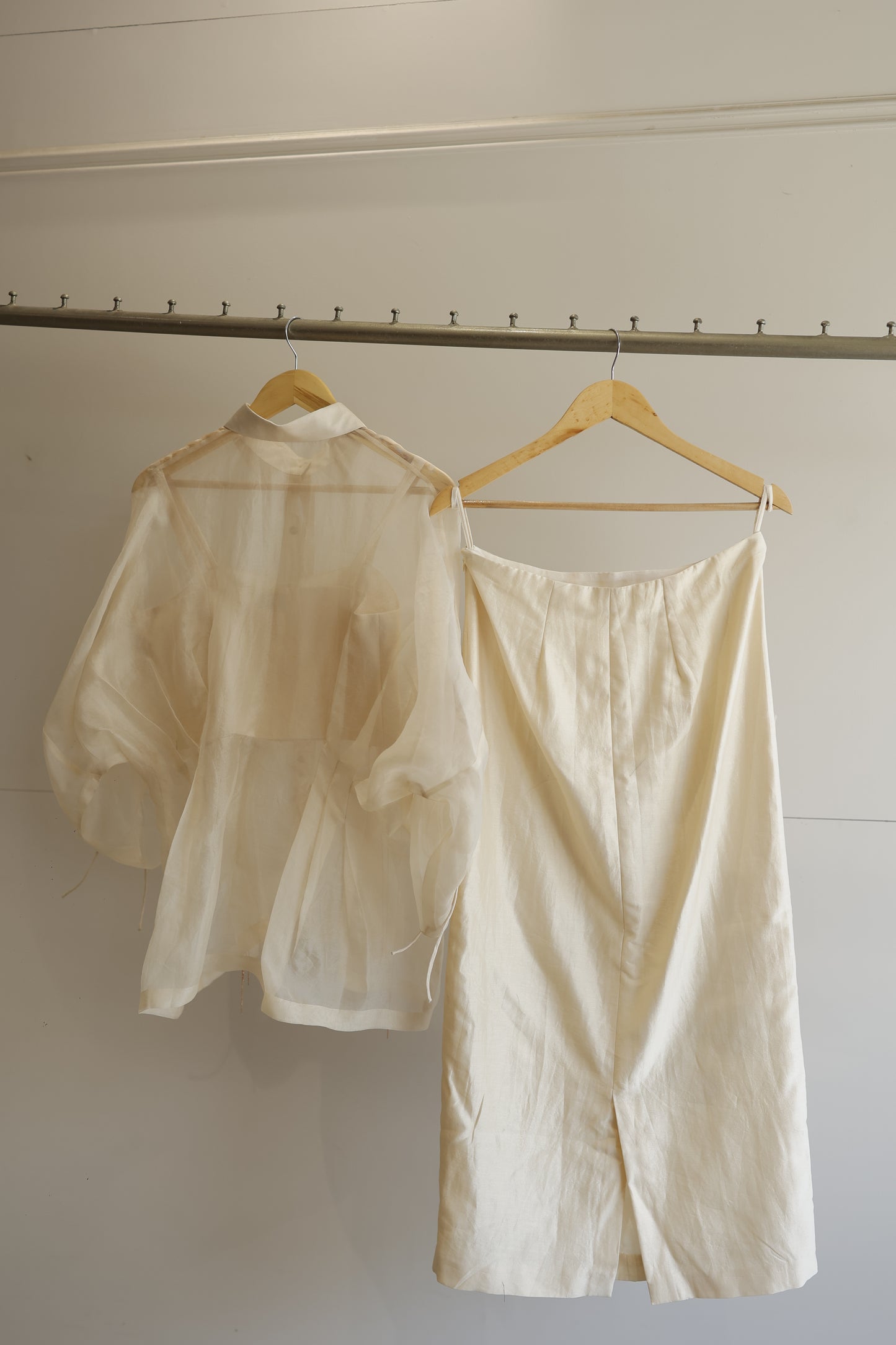 eeda ivory silk organza shirt and chanderi skirt set, full set view on hanger