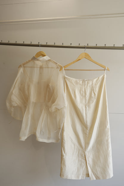 eeda ivory silk organza shirt and chanderi skirt set, full set view on hanger