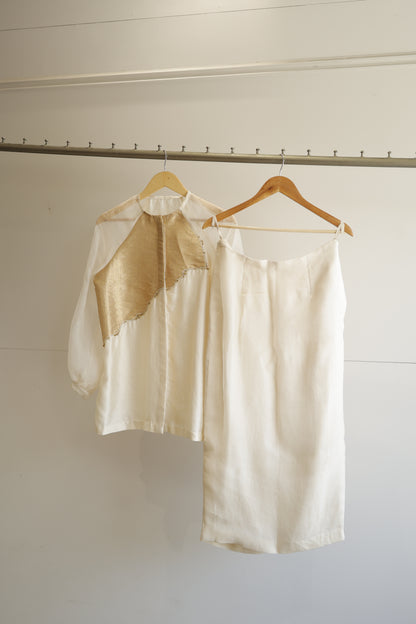 Eeda Silk Tissue Patchwork Shirt with Skirt - Ivory