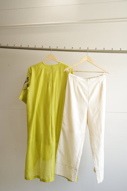 Tinka Silk Chanderi Gathered Kurta Set - Lime Green
