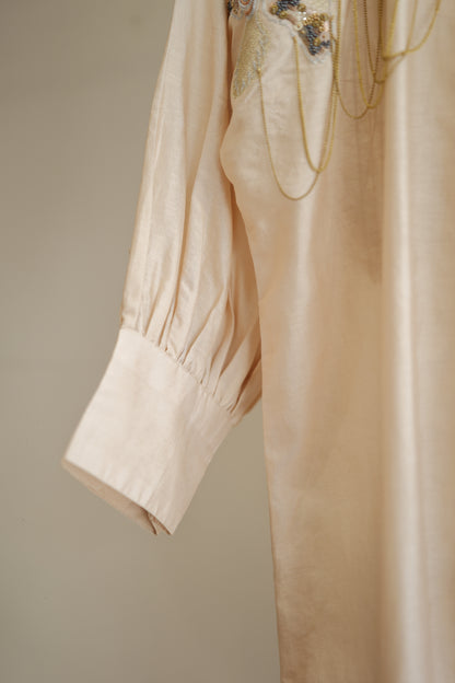 Tinka Silk Chanderi Long Kaftan Kurta Set - Ivory