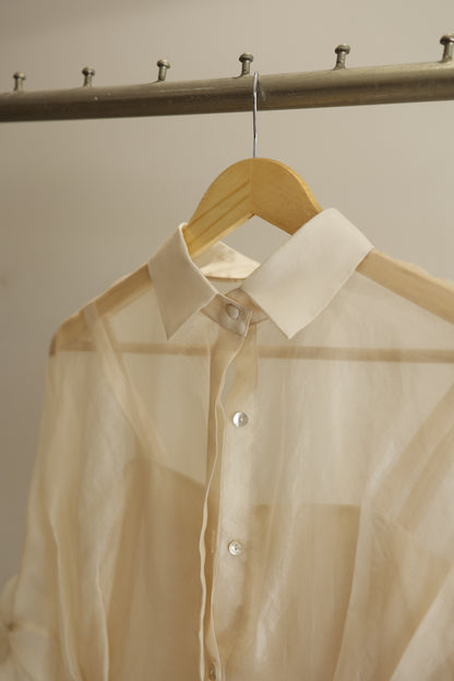eeda ivory silk organza pleated shirt set, back view showing pleat fall and skirt drape