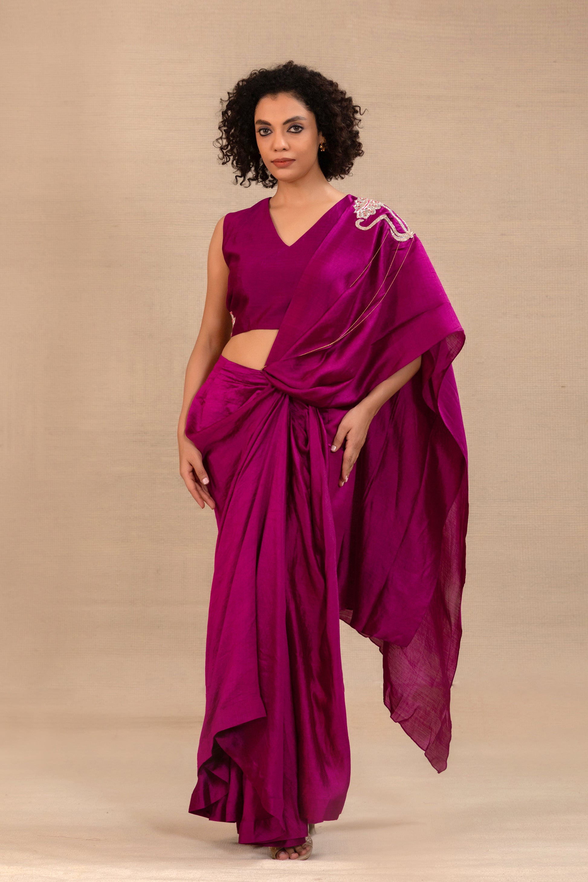 Magenta Chiniya-silk pre-draped saree with hand-embroidered blouse and flowing pallu — Eeda Silsila