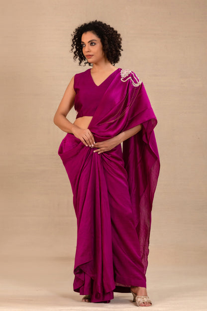 Model in a magenta draped silk saree with embroidered blouse — Eeda Silsila