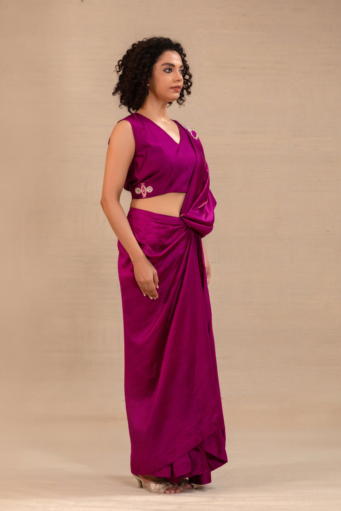 Wine silk ready-to-wear draped saree, Indo-western drape — Eeda Silsila
