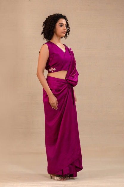 Wine silk ready-to-wear draped saree, Indo-western drape — Eeda Silsila
