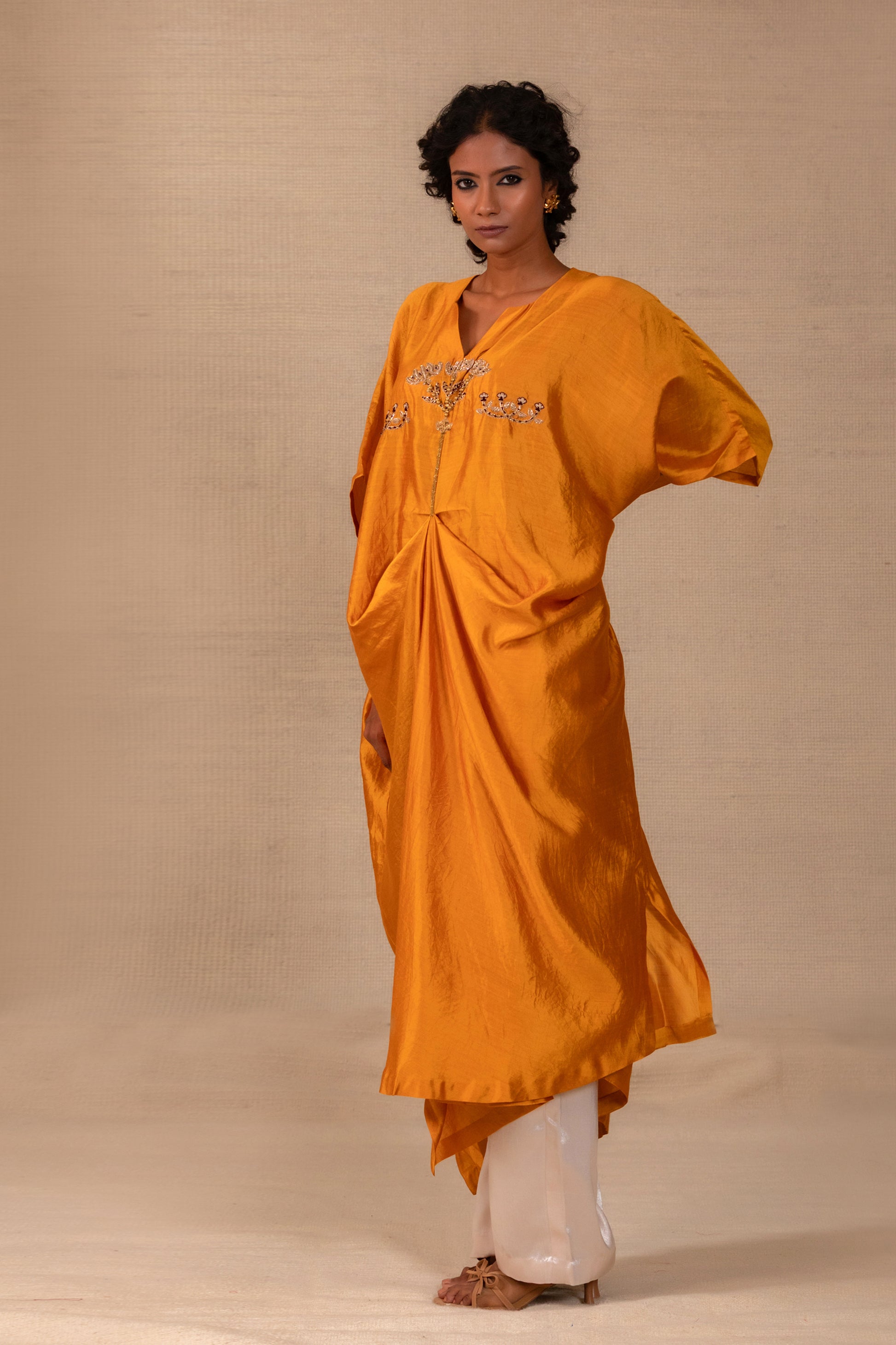 Marigold silk Indian coord with draped kaftan and pants — Eeda Silsila
