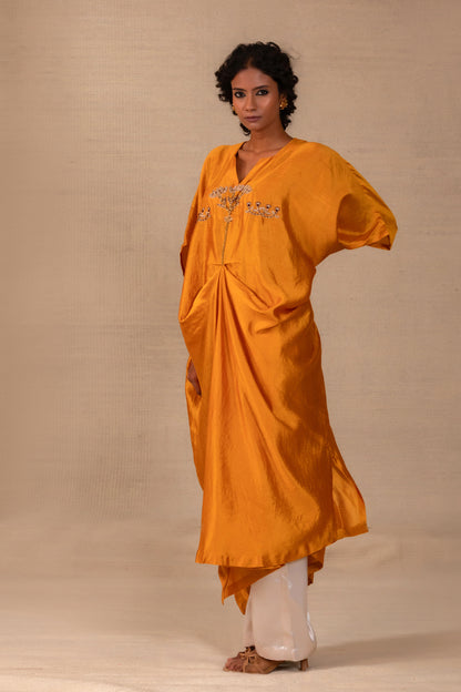 Marigold silk Indian coord with draped kaftan and pants — Eeda Silsila