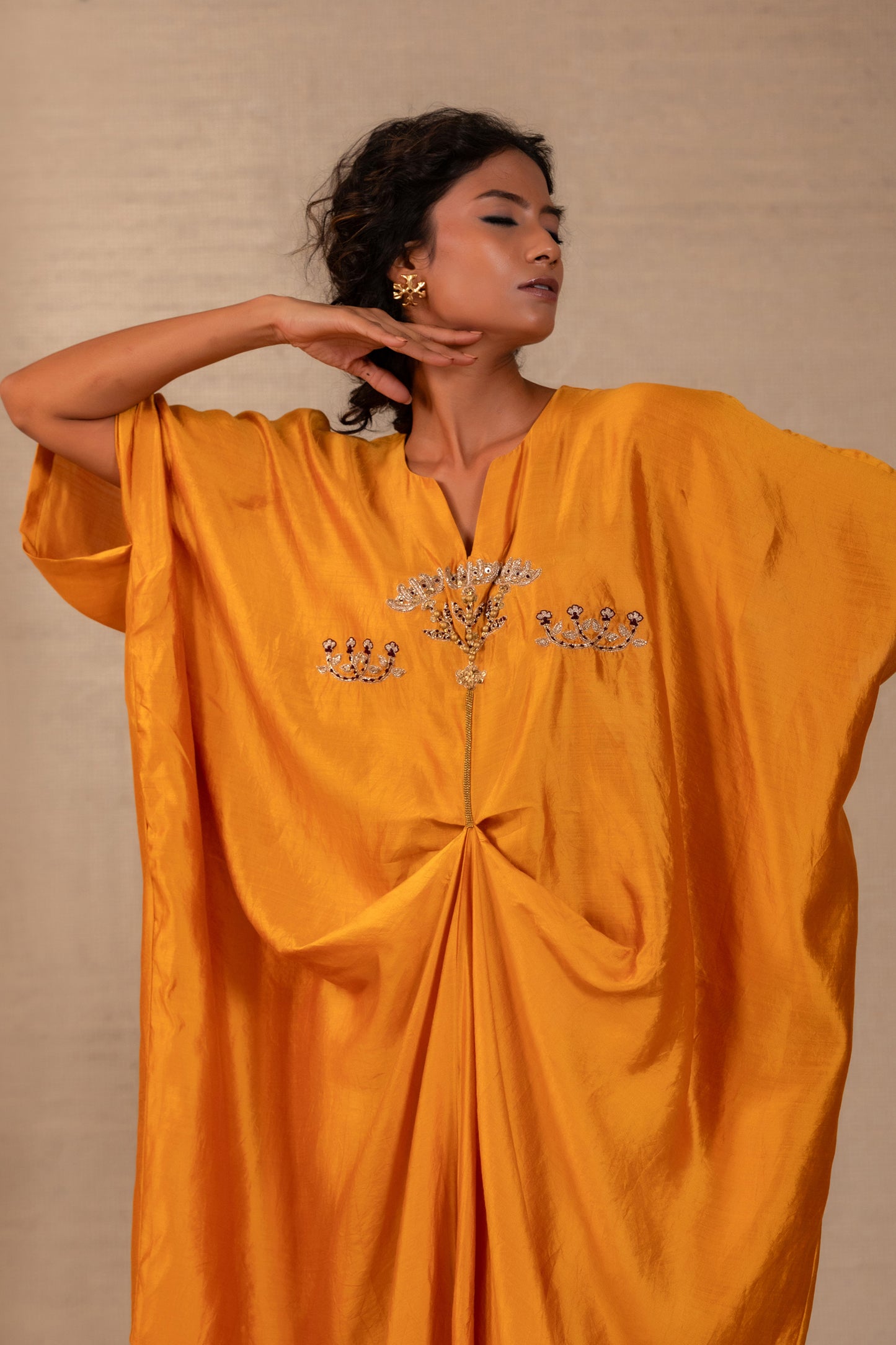Silsila Silk Folk Motif Kaftan Set - Mustard