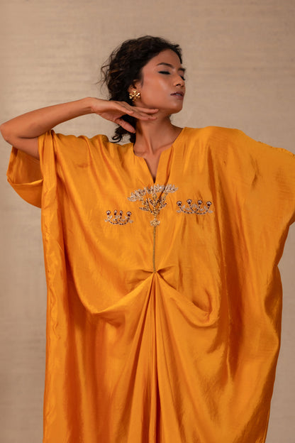 Silsila Silk Folk Motif Kaftan Set - Mustard