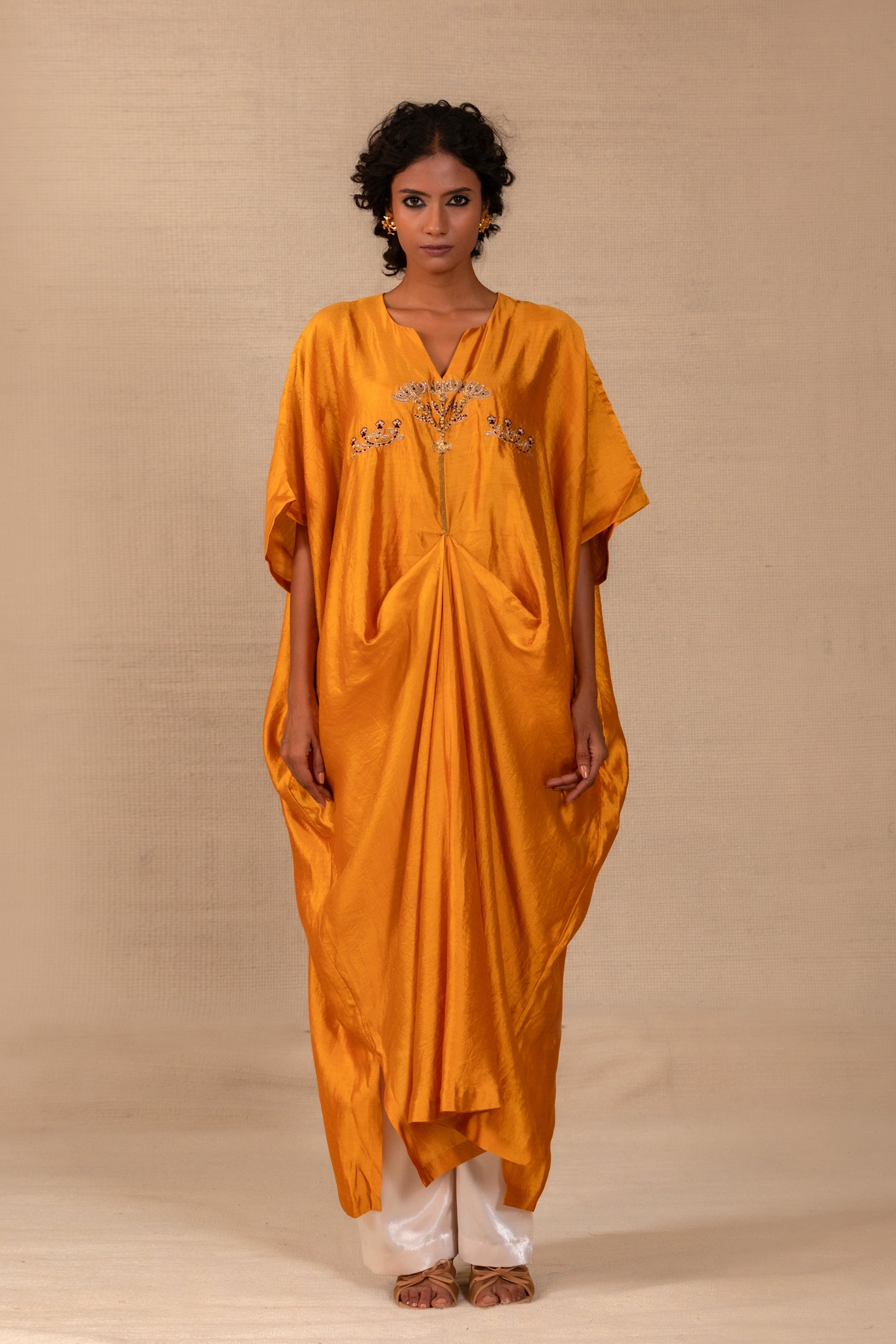 Mustard Chiniya-silk kaftan set with hand-embroidered folk motif and cowl drape — Eeda Silsila