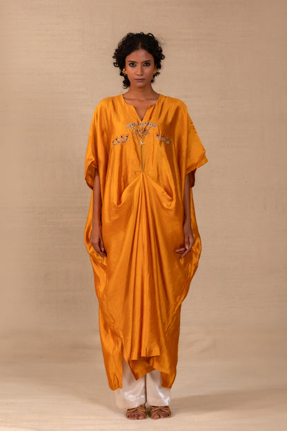 Mustard Chiniya-silk kaftan set with hand-embroidered folk motif and cowl drape — Eeda Silsila