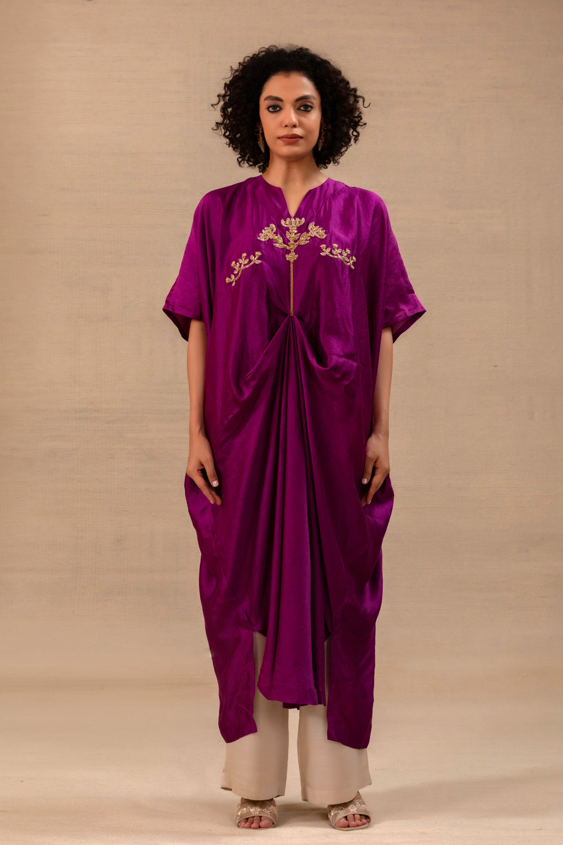 Purple Chiniya-silk kaftan set with hand-embroidered folk motif and cowl drape — Eeda Silsila