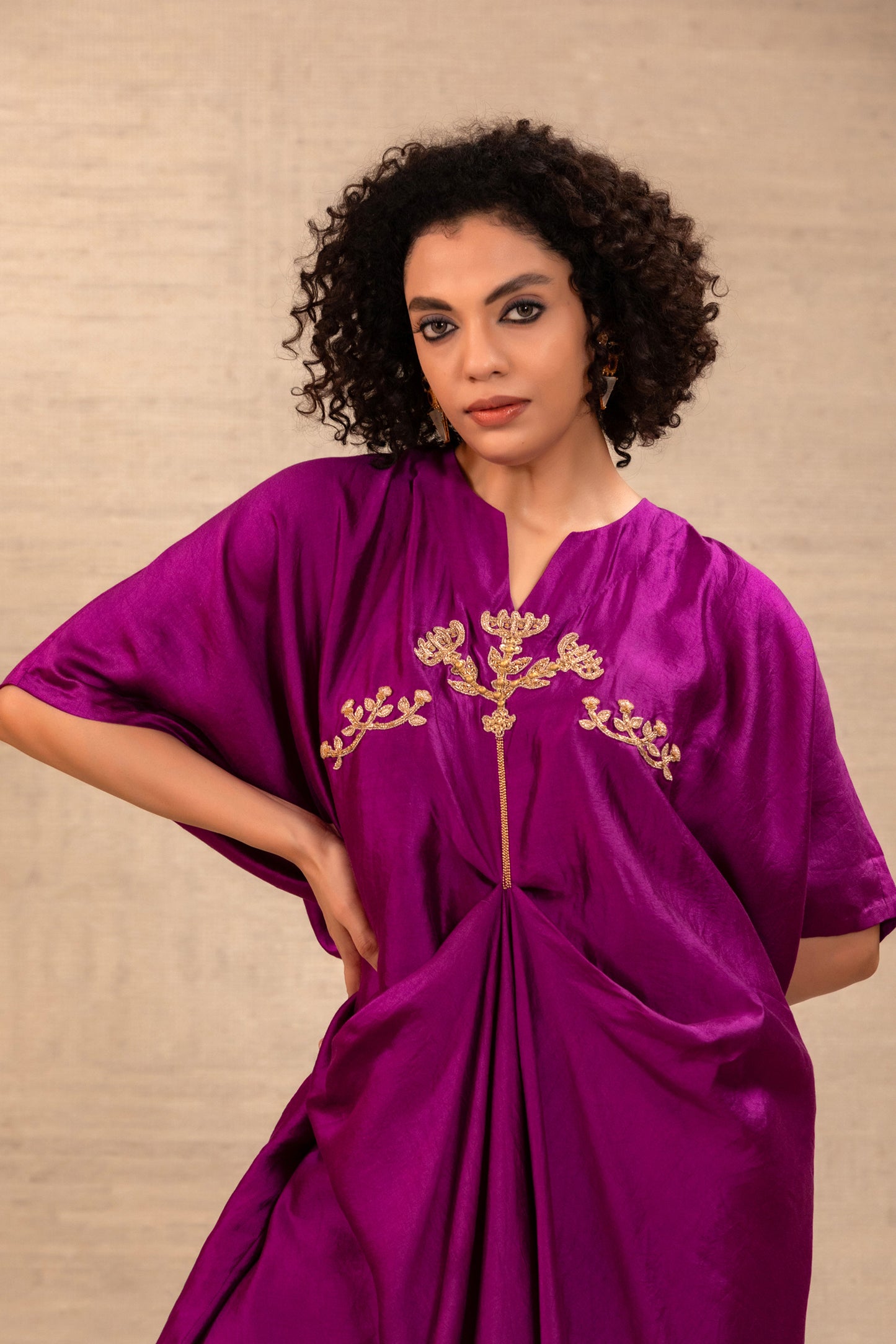 Silsila Silk Folk Motif Kaftan Set - Purple