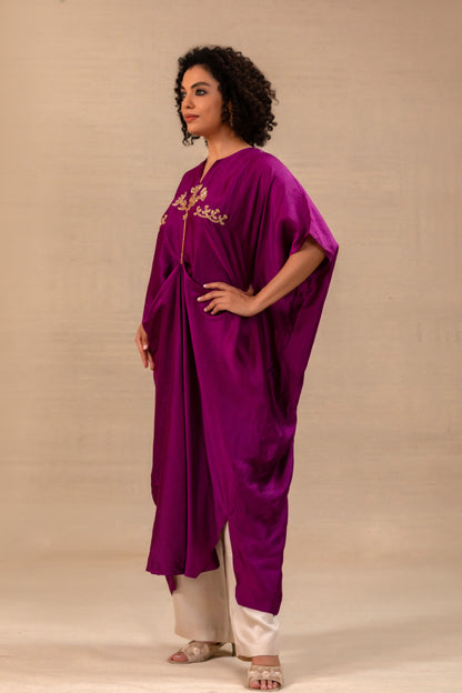 Wine silk Indian coord with draped kaftan and pants — Eeda Silsila
